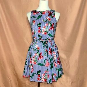 Blue & white striped mini dress with pink floral pattern